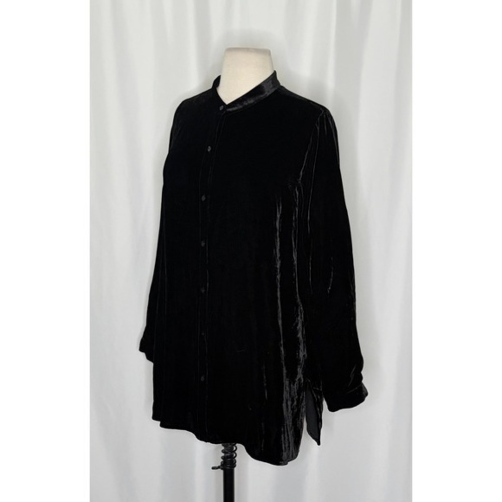 NWT! EILEEN FISHER Silk Velvet Mandarin Collar Top Buttondown Black Large Petite - Picture 5 of 14